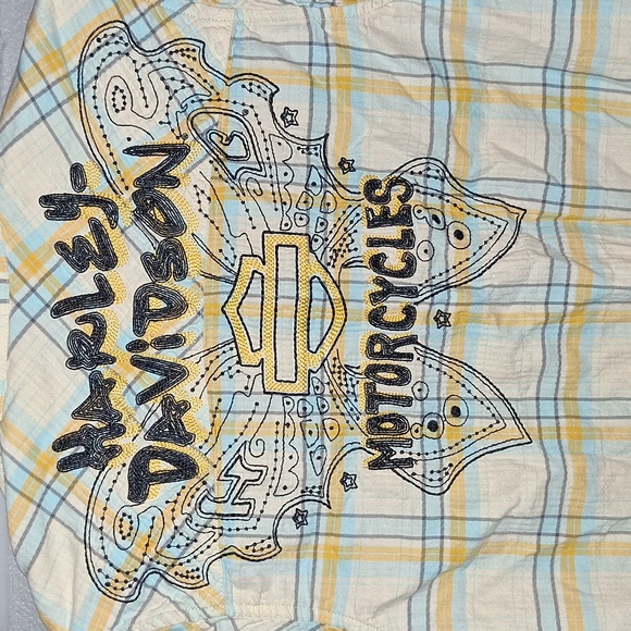 🏍 Harley Davidson button-up plaid top with butterfly design. Small - Picture 2 of 8